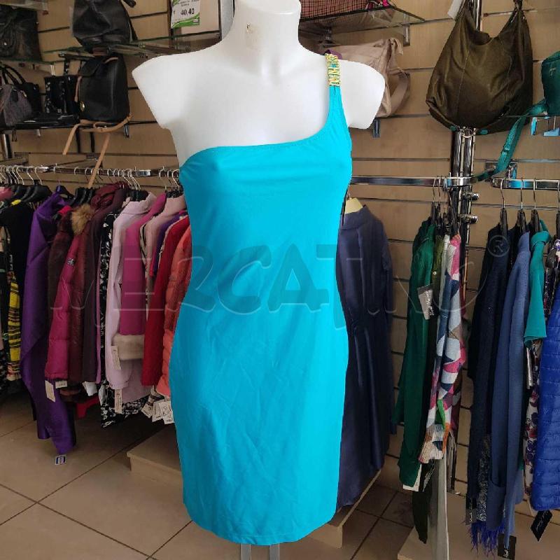 VESTITO DONNA AZZURRO MONOSPALLA MOSCINO SCITTA RILEIVO DORATA | Mercatino dell'Usato L'aquila - loc. vetoio 1