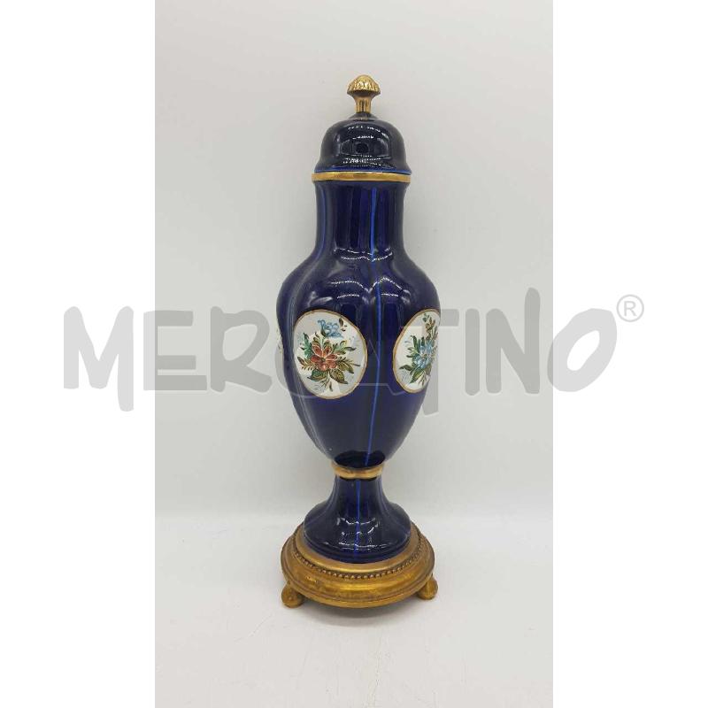 POTICHE RICHELIEU VASO CERAMICA BLU FIORI BASE DORATA TONDA | Mercatino dell'Usato Putignano 1