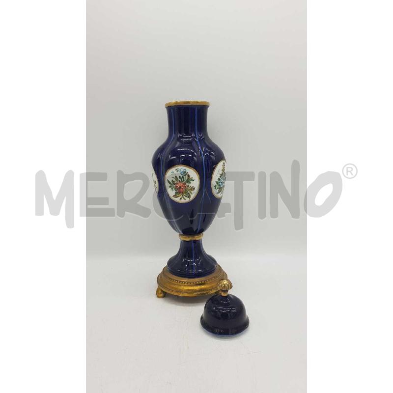 POTICHE RICHELIEU VASO CERAMICA BLU FIORI BASE DORATA TONDA | Mercatino dell'Usato Putignano 2