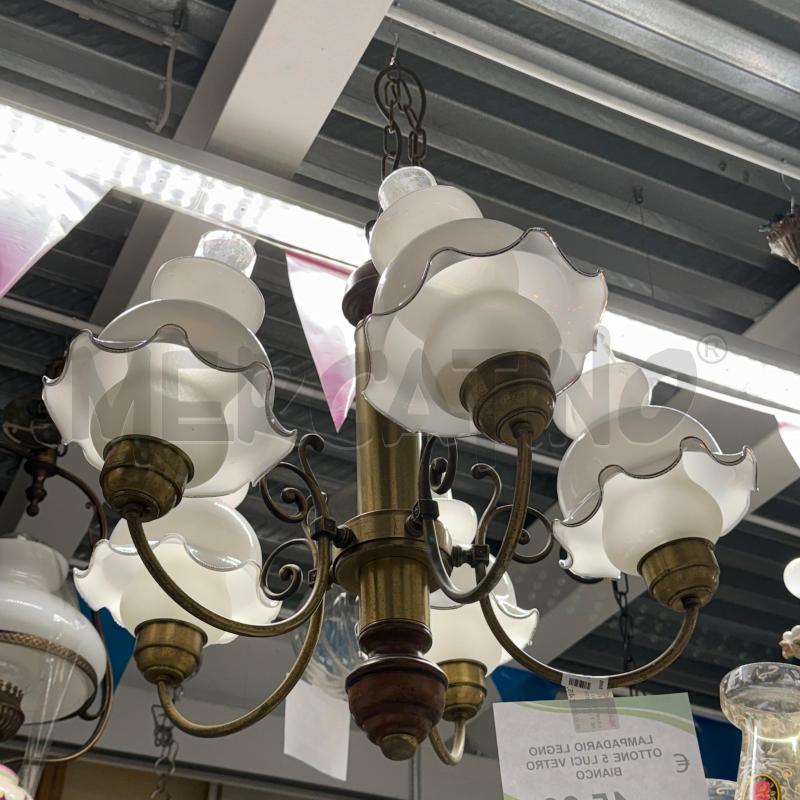 LAMPADARIO LEGNO OTTONE 5 LUCI VETRO BIANCO | Mercatino dell'Usato Sandigliano 2