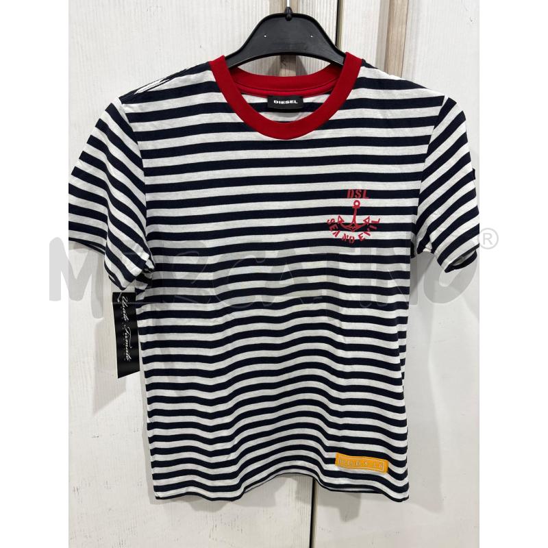 T SHIRT BAMBINO DIESEL RIGHE BIANCO NERO BORDO COLLETTO ROSSO SCRITTA ROSA SUL PETTO | Mercatino dell'Usato Benevento 1