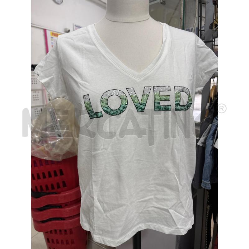 T SHIRT DONNA BIANCO SCRITTA LOVED STRASS MOTIVI SCOLLO V  | Mercatino dell'Usato Benevento 1