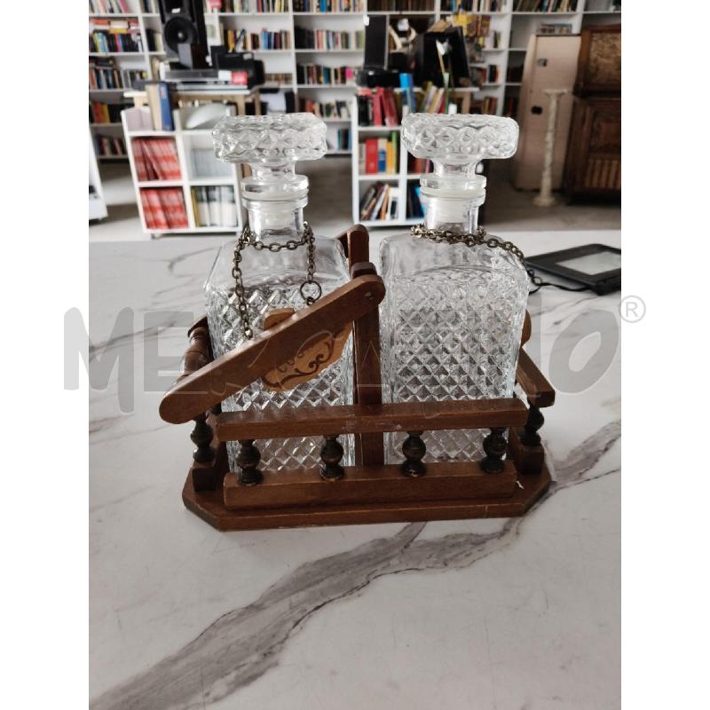 BOTTIGLIA VINTAGE CRISTALLO WISKY COGNAC SUPPORTO LEGNO  | Mercatino dell'Usato San giorgio del sannio 1