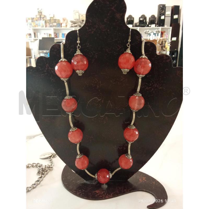 COLLANA ARGENTATA PIETRE ROSA + ORECCHINI  | Mercatino dell'Usato San giorgio del sannio 1