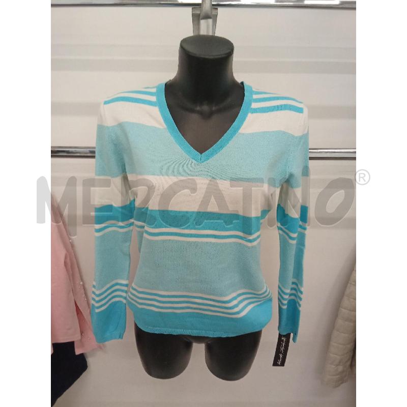 MAGLIA DONNA RIGHE BIANCHE CELESTI SCOLLO A V  | Mercatino dell'Usato San giorgio del sannio 1