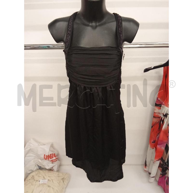 VESTITO DONNA NERO  SIMIL RASO BRETELLE PERLINE A RUOTA | Mercatino dell'Usato San giorgio del sannio 1