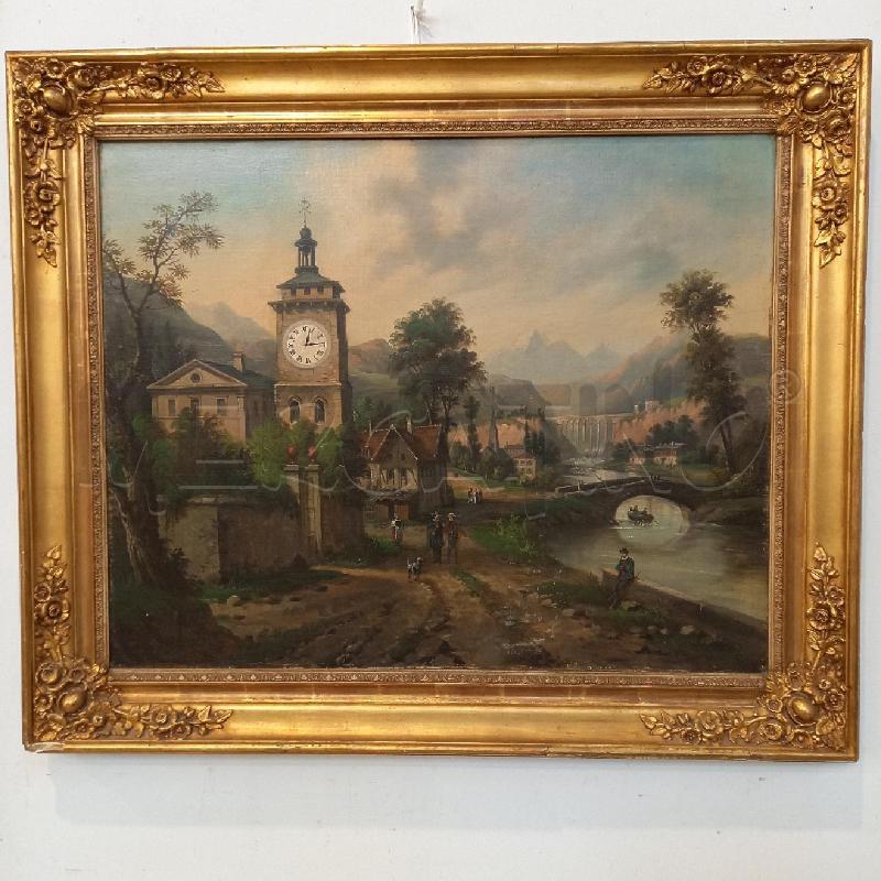 QUADRO VEDUTA ANIMATA CON CAMPANILE | Mercatino dell'Usato Bologna 1