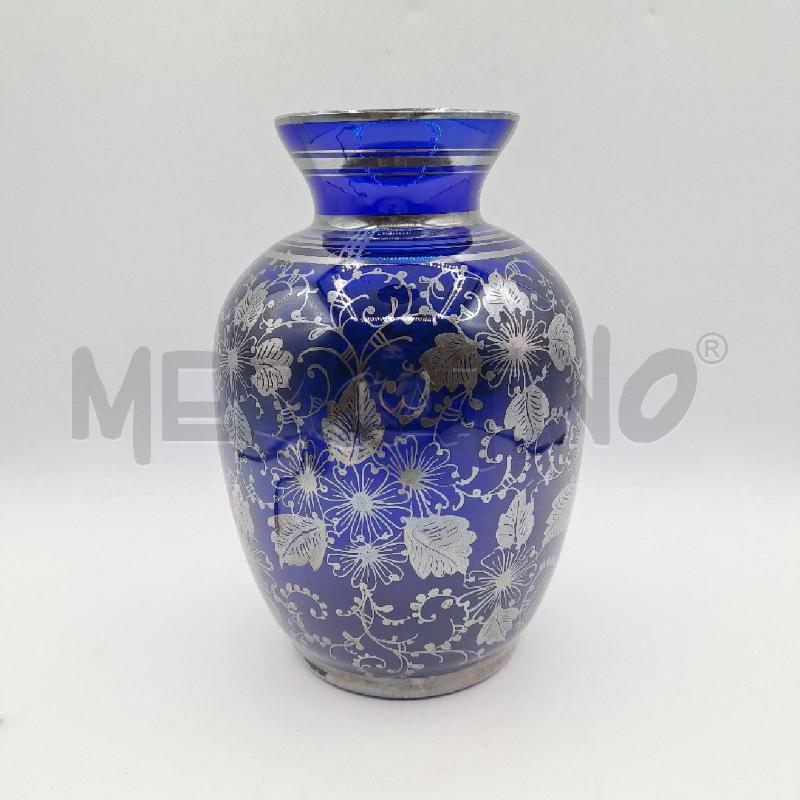 VASO IN VETRO BLU  VECCHIO  DECORI ARGENTO  | Mercatino dell'Usato Bologna 1