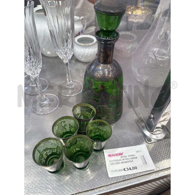 BOTTIGLIA VETRO VERDE DECORO ARGENTATO + BICCHIERINI | Mercatino dell'Usato San giovanni teatino 1