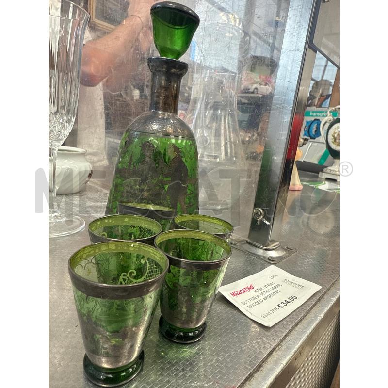 BOTTIGLIA VETRO VERDE DECORO ARGENTATO + BICCHIERINI | Mercatino dell'Usato San giovanni teatino 2