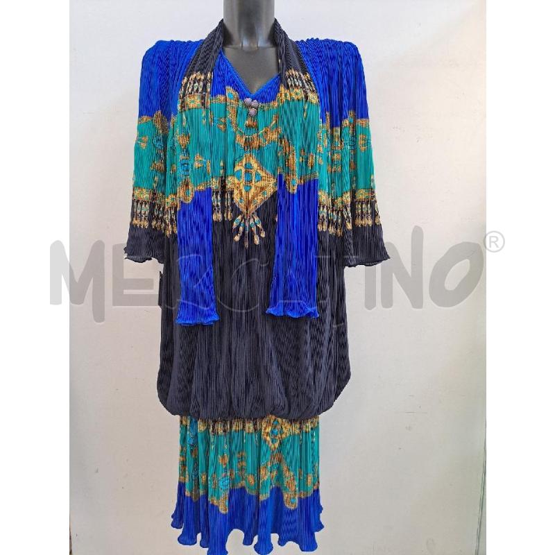 VESTITO DONNA VIRGINIE PARIS BLU VERDE STAMPA DORATO VINTAGE +CINTURA  | Mercatino dell'Usato Catanzaro 1