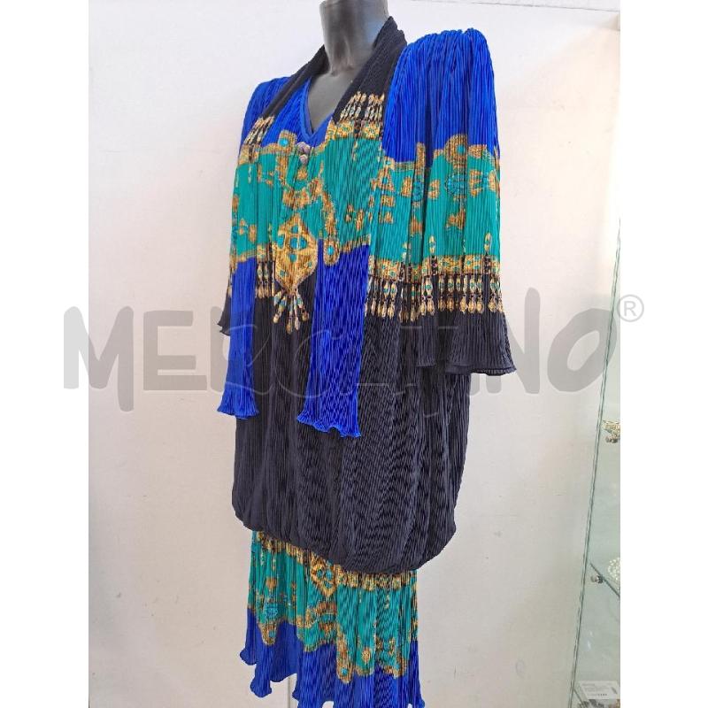 VESTITO DONNA VIRGINIE PARIS BLU VERDE STAMPA DORATO VINTAGE +CINTURA  | Mercatino dell'Usato Catanzaro 3