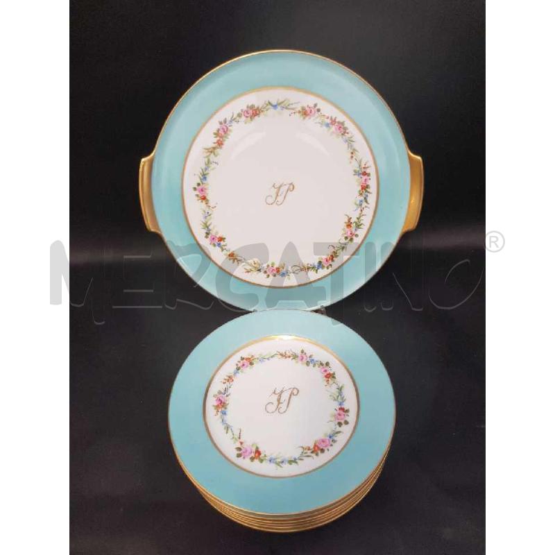PIATTO CON MANICI + 6 PIATTINI HEINRICH PORCELLANA BORDO AZZURRO, DECORO FIORELLINI | Mercatino dell'Usato Cesena 2