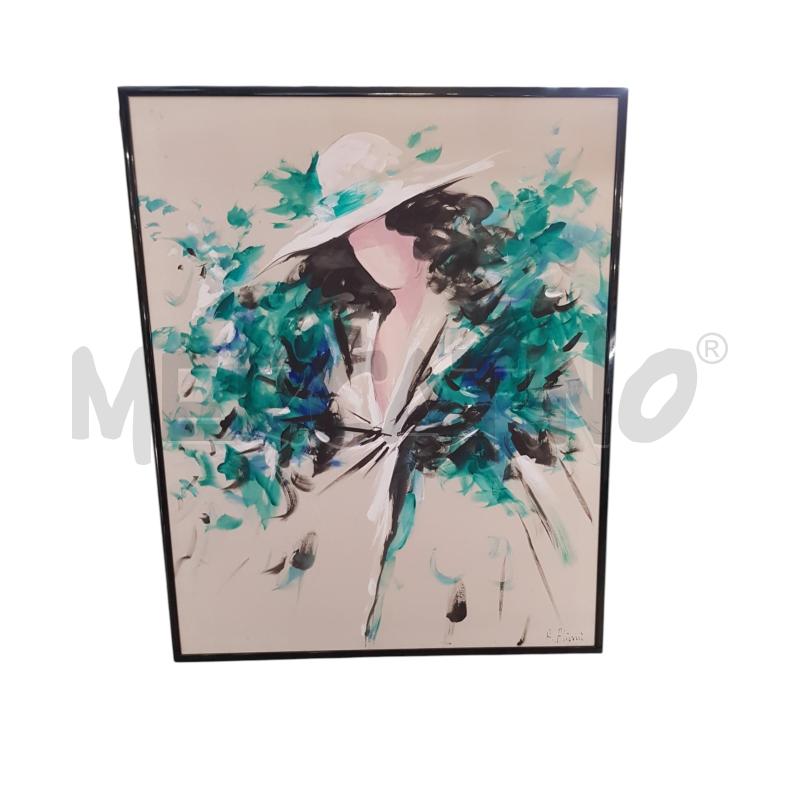 QUADRO VOLTO DONNA A ALIANI OLIO SU SETA IN TINTE VERDI NERE E BIANCHE | Mercatino dell'Usato Cesena 1