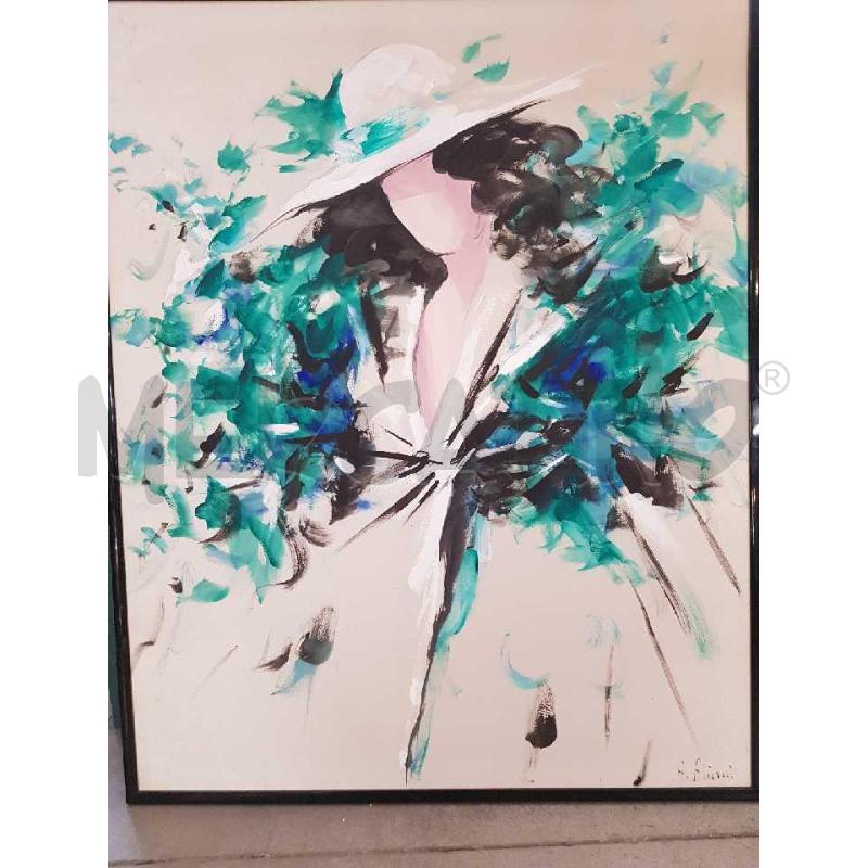 QUADRO VOLTO DONNA A ALIANI OLIO SU SETA IN TINTE VERDI NERE E BIANCHE | Mercatino dell'Usato Cesena 4