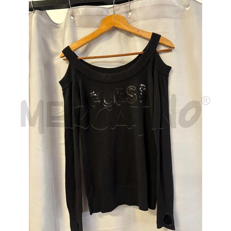 MAGLIA DONNA GUESS NERA SCRITTA PAILLETTES LACCINI SPALLE  | Mercatino dell'Usato Vinci - fraz. sovigliana 1