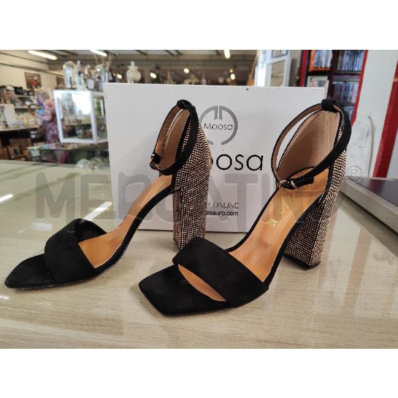 SANDALI DONNA # MOOSA SCAMOSCIATI NERI TACCO STRASS ORO N.40 | Mercatino dell'Usato Vinci - fraz. sovigliana 1