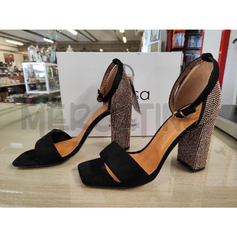 SANDALI DONNA # MOOSA SCAMOSCIATI NERI TACCO STRASS ORO N.40 | Mercatino dell'Usato Vinci - fraz. sovigliana 5