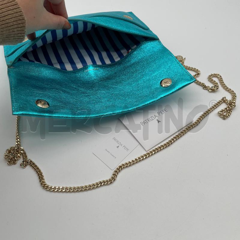 BORSA DONNA PATRIZIA PEPE PELLE AZZURRO METALLIZZATO EFF STROP | Mercatino dell'Usato Corbetta 3