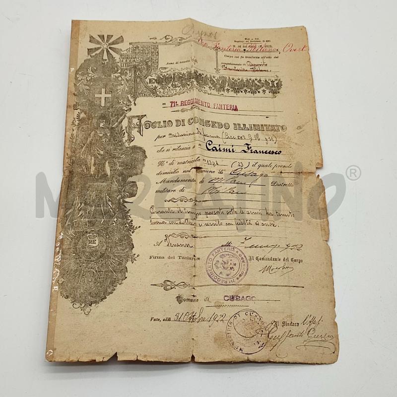 FOGLIO DI CONGEDO ILLIMITATO 71 FANTERIA | Mercatino dell'Usato Corbetta 1