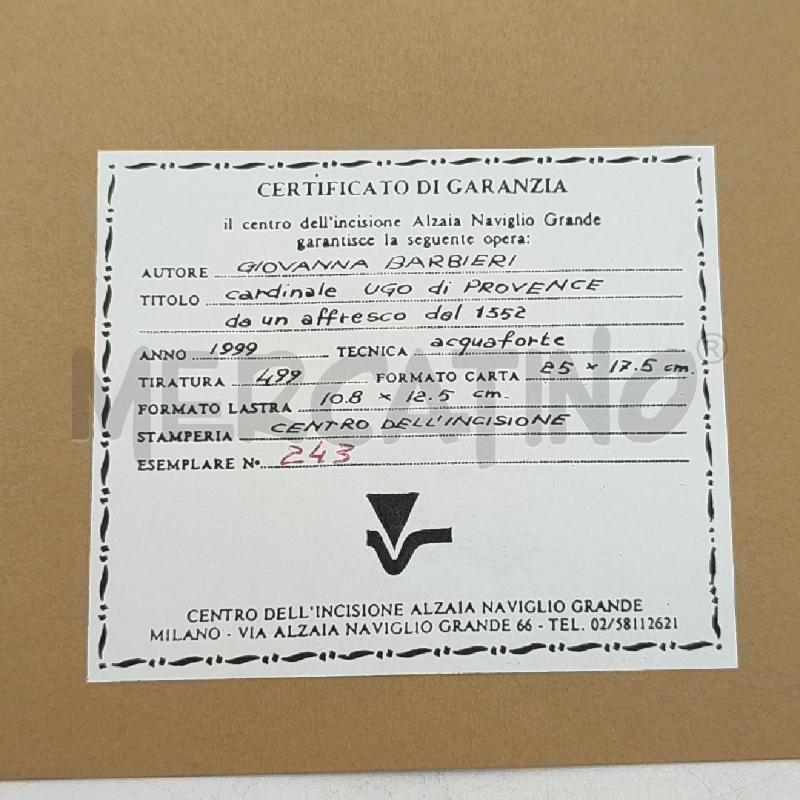 LITOGRAFIA G BARBIERI 1999 CARDINALE UGO DI PROVENCE | Mercatino dell'Usato Corbetta 2