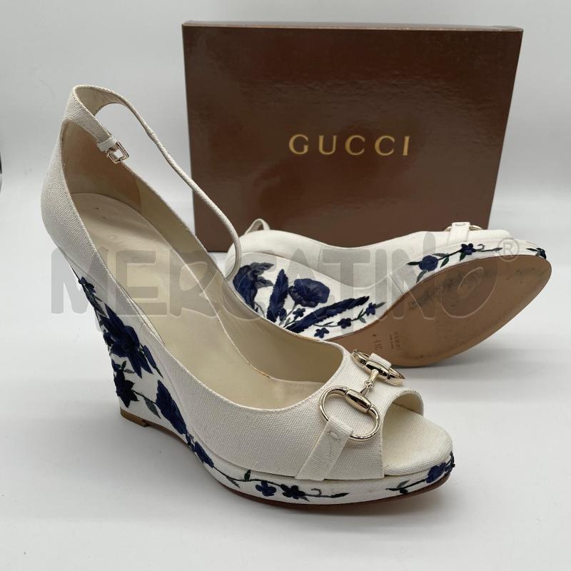 SANDALI DONNA GUCCI ZEPPA BIANCO TESSUTO RICAMO FIORI BLU | Mercatino dell'Usato Corbetta 5