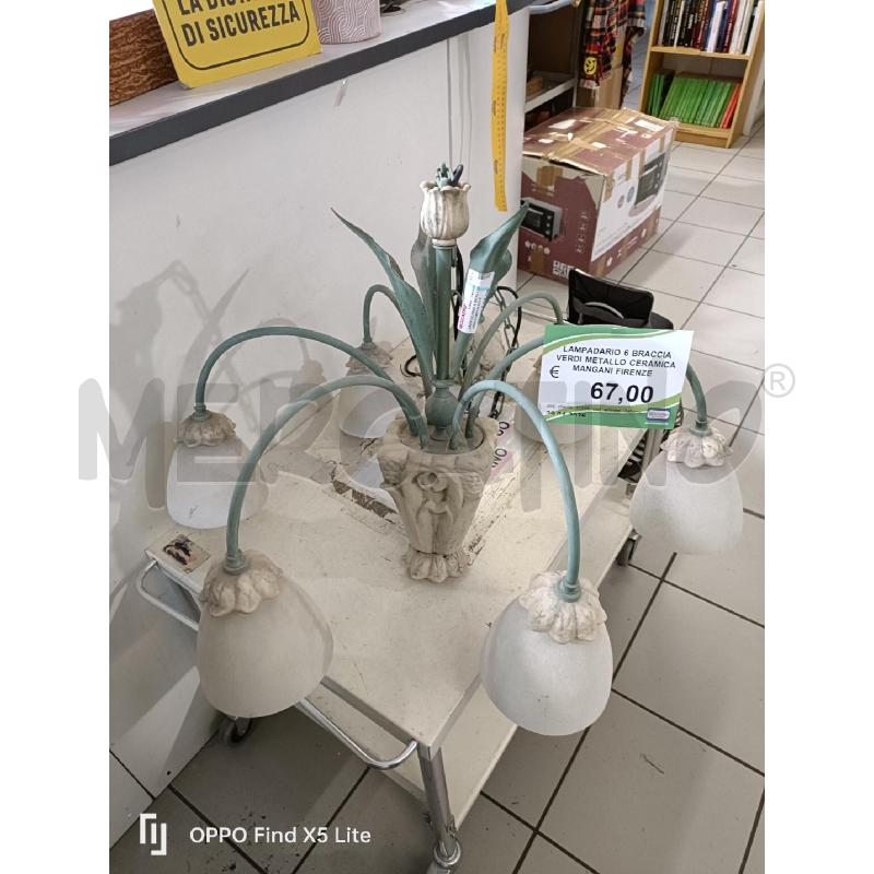 LAMPADARIO 6 BRACCIA  VERDI METALLO CERAMICA MANGANI FIRENZE  | Mercatino dell'Usato Modena 1