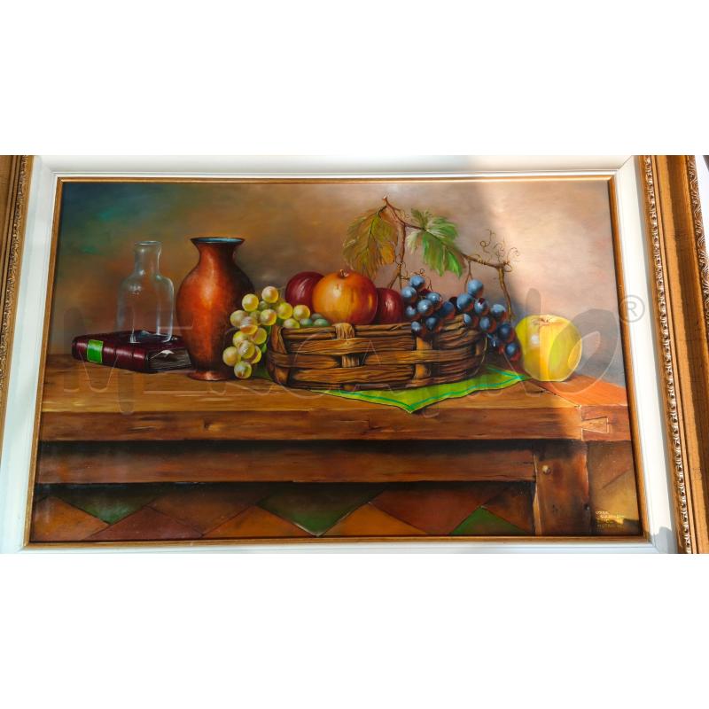 QUADRO OLIO NATURA MORTA TAVOLO FRUTTA NOTARI 95X67CM CORNICE LEGNO DORATURA | Mercatino dell'Usato Modena 2