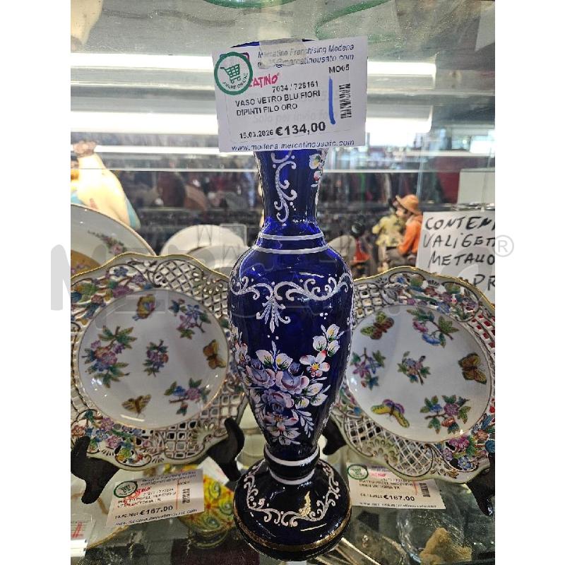 VASO VETRO BLU FIORI DIPINTI FILO ORO 37CM | Mercatino dell'Usato Modena 1