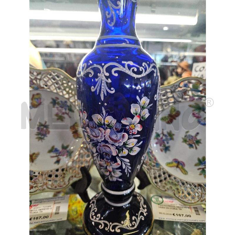 VASO VETRO BLU FIORI DIPINTI FILO ORO 37CM | Mercatino dell'Usato Modena 2