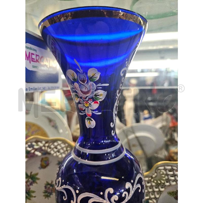VASO VETRO BLU FIORI DIPINTI FILO ORO 37CM | Mercatino dell'Usato Modena 3