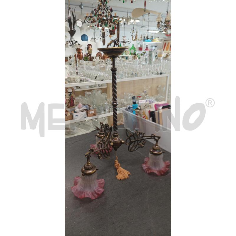 LAMPADARIO 3 LUCI DORATO COPPE VETRO ROSA | Mercatino dell'Usato Acerra 1