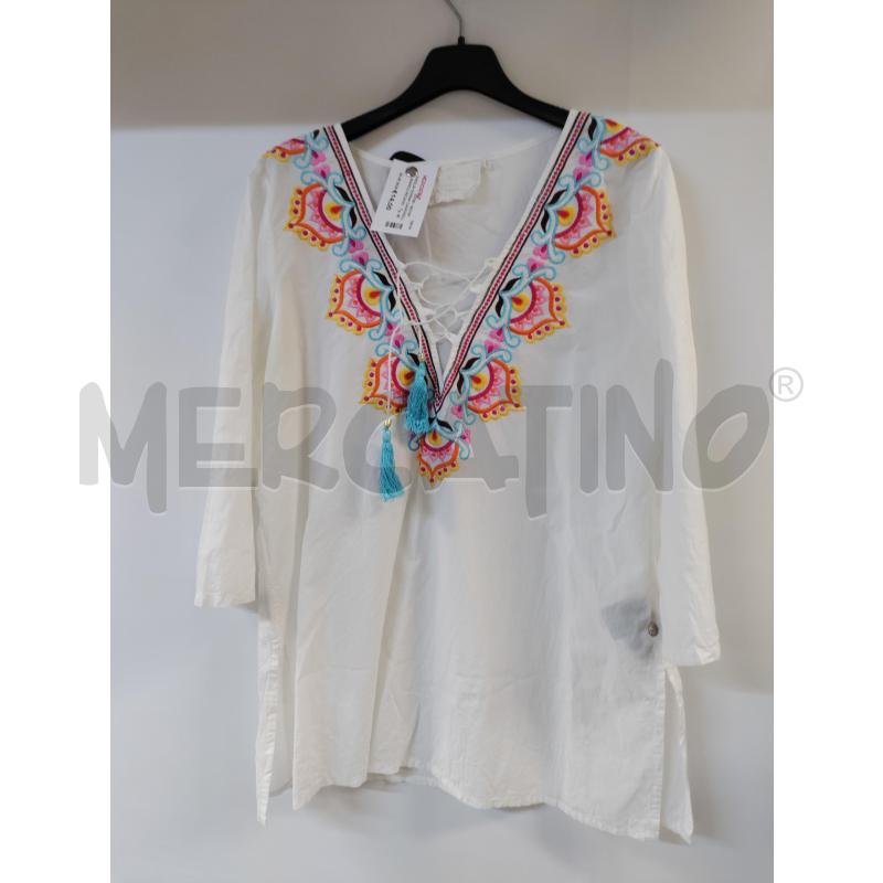 MAGLIA DONNA CAMOMILLA BIANCO RICAMO ROSA AZZURRO | Mercatino dell'Usato Acerra 1