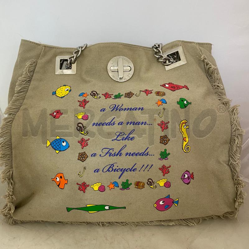BORSA DONNA LE PANDORINE TESSUTO BEIGE SCRITTE CON PICCOLI PESCI COLORATI  | Mercatino dell'Usato Lago patria - giugliano in c. 1