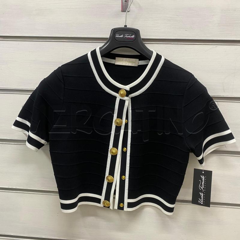 CARDIGAN DONNA SIERRA DARIEN TRICOT NERO BIANCO BOTTONE GIOIELLO | Mercatino dell'Usato Lago patria - giugliano in c. 1