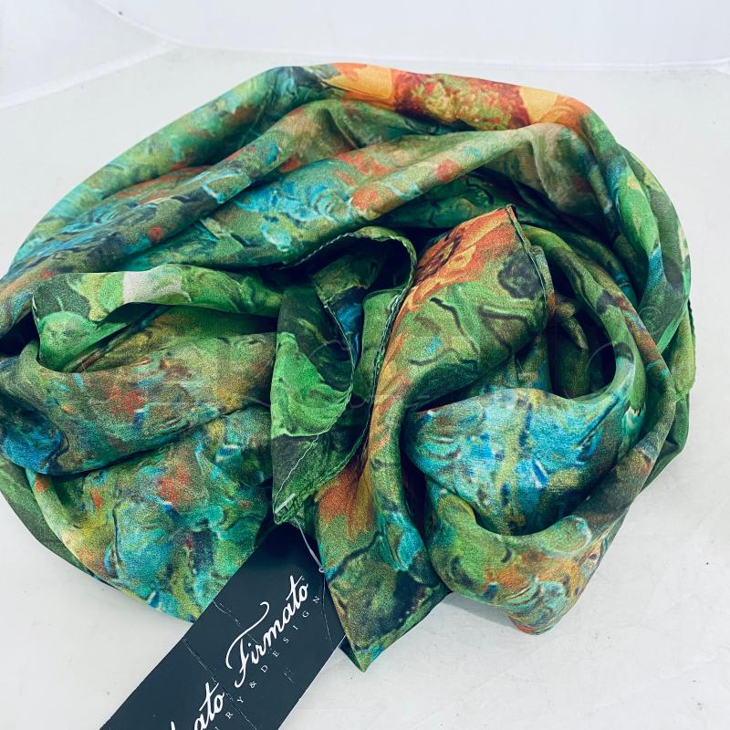 FOULARD SETA SETA 100% VERDE FIORI ARANCIO AZZURRO | Mercatino dell'Usato Lago patria - giugliano in c. 1