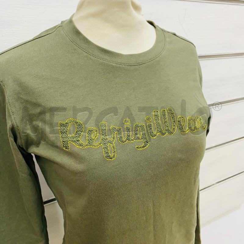 MAGLIA DONNA REFRIGIWEAR VERDE MILITARE SCRITTA INPUNTURE GIALLE | Mercatino dell'Usato Lago patria - giugliano in c. 2