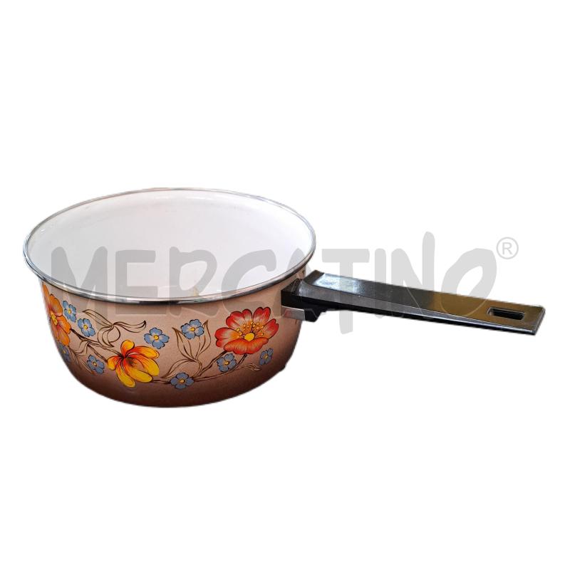 PENTOLA METALLO VINTAGE SMALTATO MARRONE FIORI  - 21 CM. | Mercatino dell'Usato Ottaviano 1
