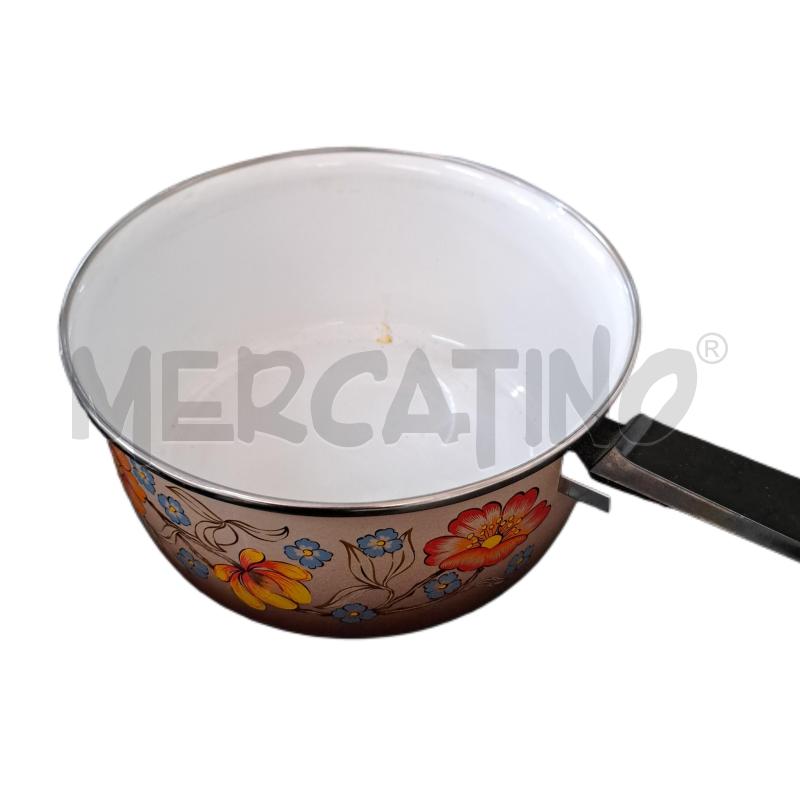 PENTOLA METALLO VINTAGE SMALTATO MARRONE FIORI  - 21 CM. | Mercatino dell'Usato Ottaviano 2