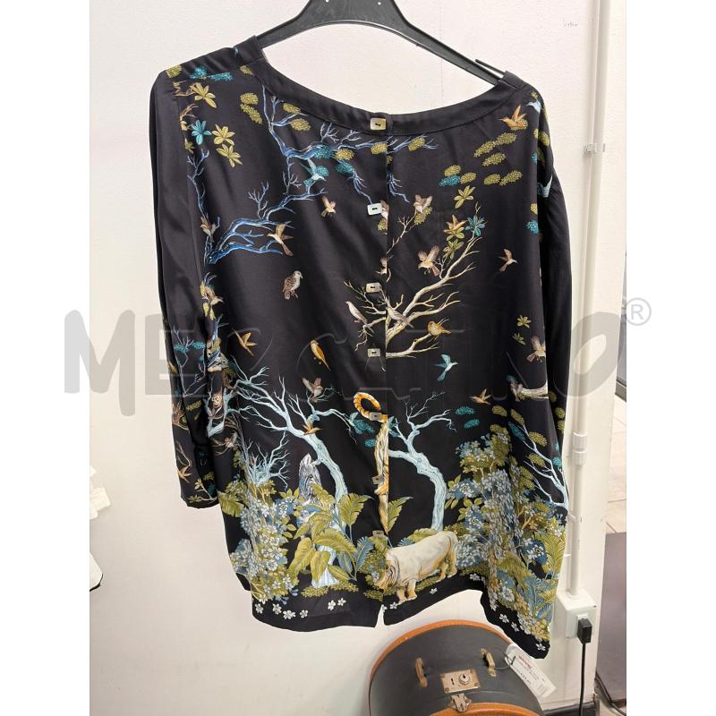CAMICIA DONNA TESSUTO NERO FANTASIA ALBERI RINOCERONTI UCCELLI  | Mercatino dell'Usato Montesilvano 1
