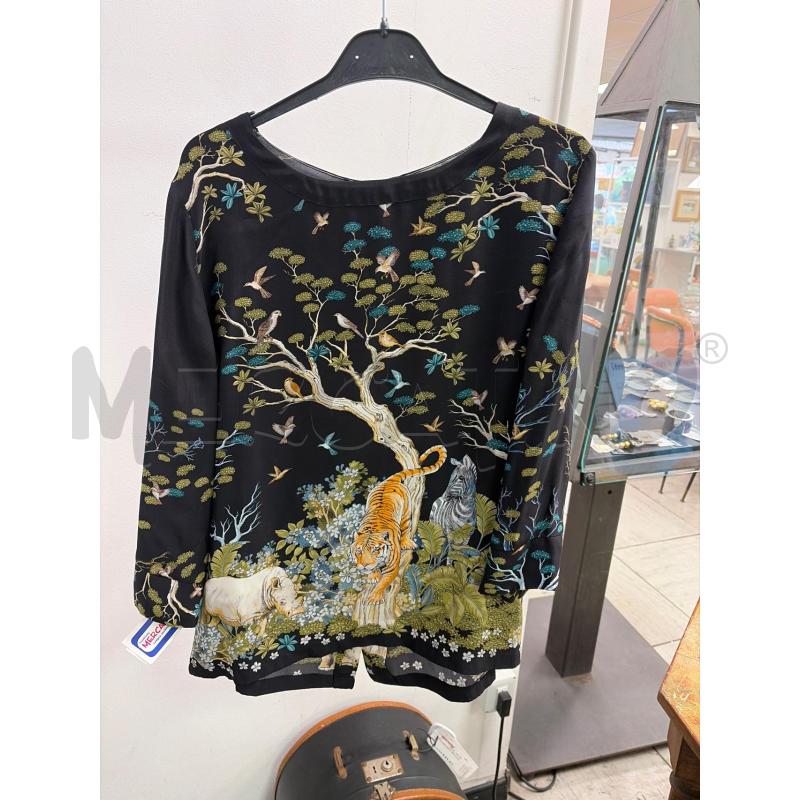 CAMICIA DONNA TESSUTO NERO FANTASIA ALBERI RINOCERONTI UCCELLI  | Mercatino dell'Usato Montesilvano 2