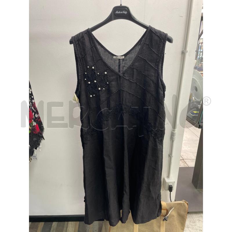 VESTITO DONNA PURO LINO NERO FIORI PERLINE APPLICATI  | Mercatino dell'Usato Montesilvano 1