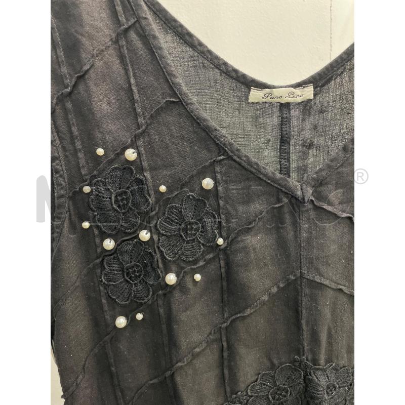 VESTITO DONNA PURO LINO NERO FIORI PERLINE APPLICATI  | Mercatino dell'Usato Montesilvano 2