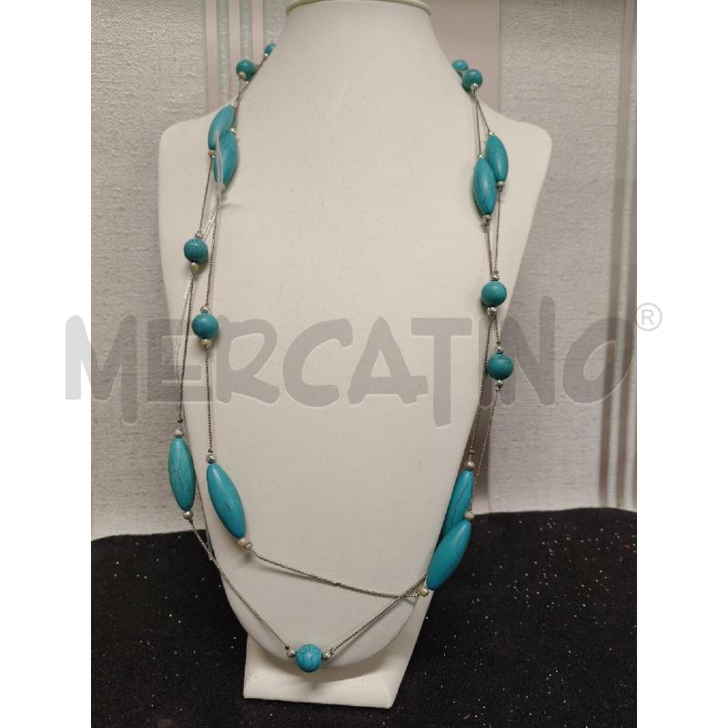 COLLANA PERLE IN PIETRA DURA TURCHESE ALTERNATO A PERLE DECORATIVE ARGENTO | Mercatino dell'Usato Corciano 1
