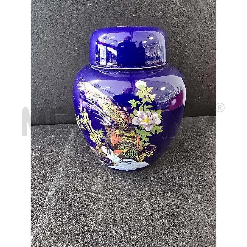 VASO CINESE BLU TAHO CON COPERCHIO DECORAZIONE FORI  | Mercatino dell'Usato Corciano 1