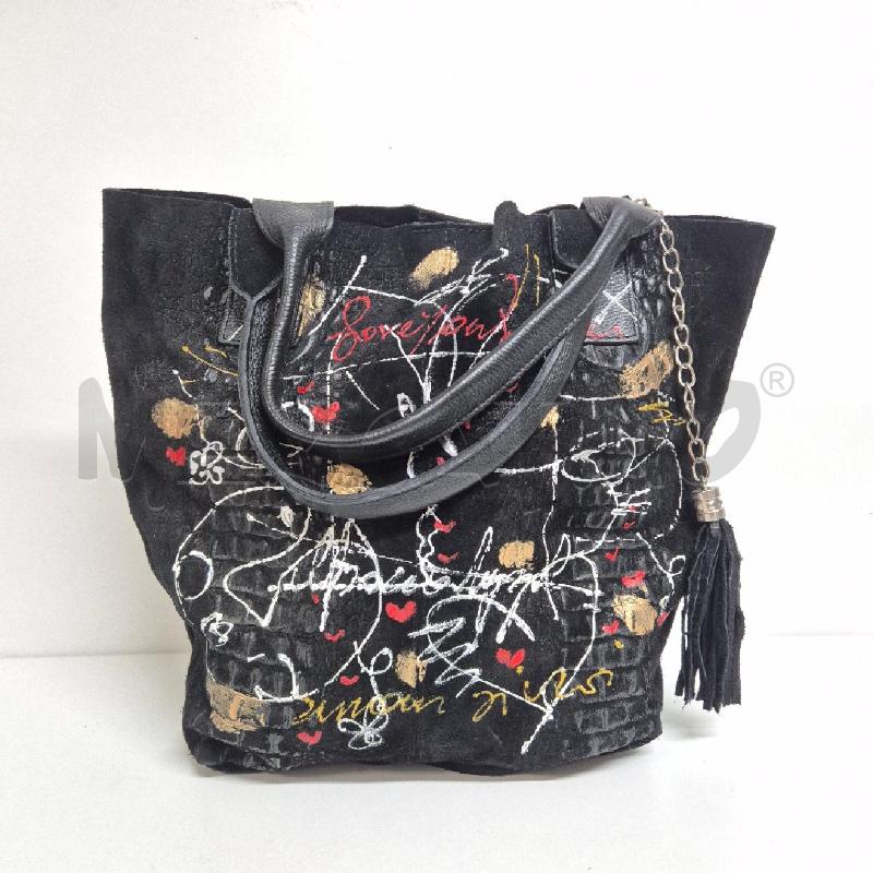 BORSA DONNA PELLE NERA CON DECORI DIPINTI | Mercatino dell'Usato Cervia 1
