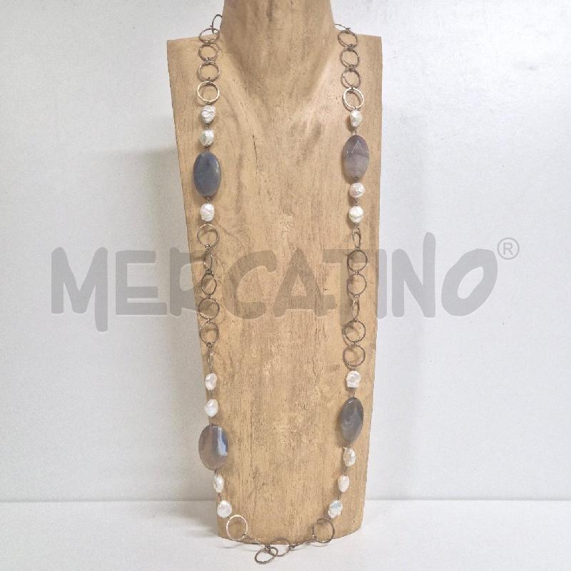 COLLANA LUNGA CALCEDONIO BLU E PERLA BAROCCA | Mercatino dell'Usato Cervia 1