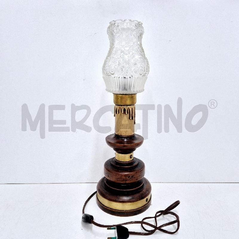 LAMPADA ABATJOUR BASE ROTONDA LEGNO CAPPELLO VETRO LAVORATO | Mercatino dell'Usato Cervia 1