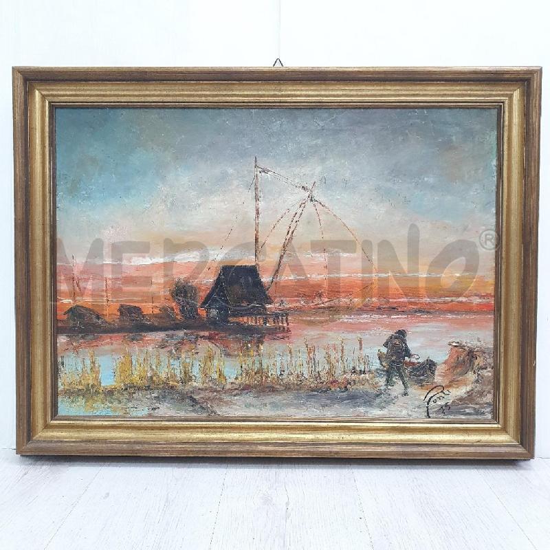 QUADRO OLIO SU TELA PONTI TRAMONTO SU MARE | Mercatino dell'Usato Cervia 1