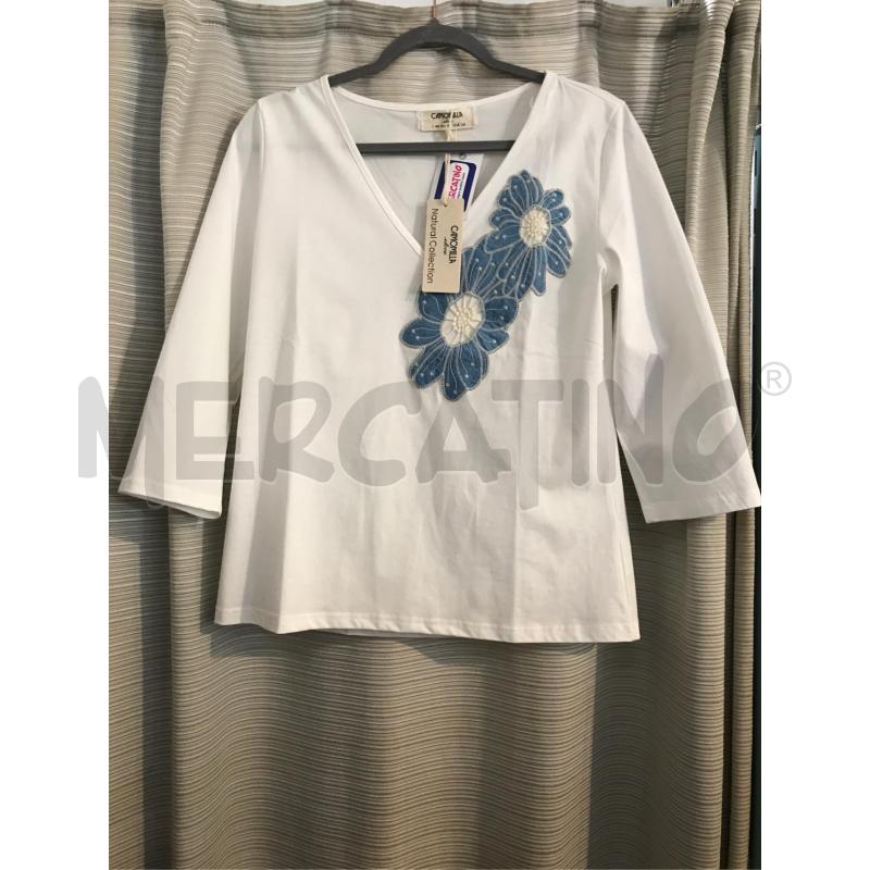 MAGLIA DONNA CAMOMILLA BIANCA FIORE AZZURRO | Mercatino dell'Usato Faenza 1
